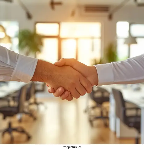 Two business people shaking hands in an office