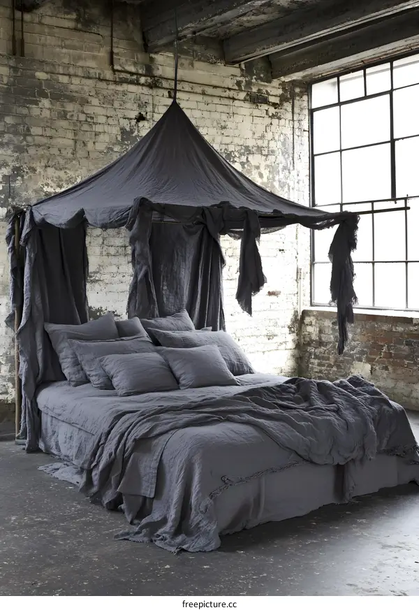 Gray Linen Canopy Bed in Rustic Loft Setting