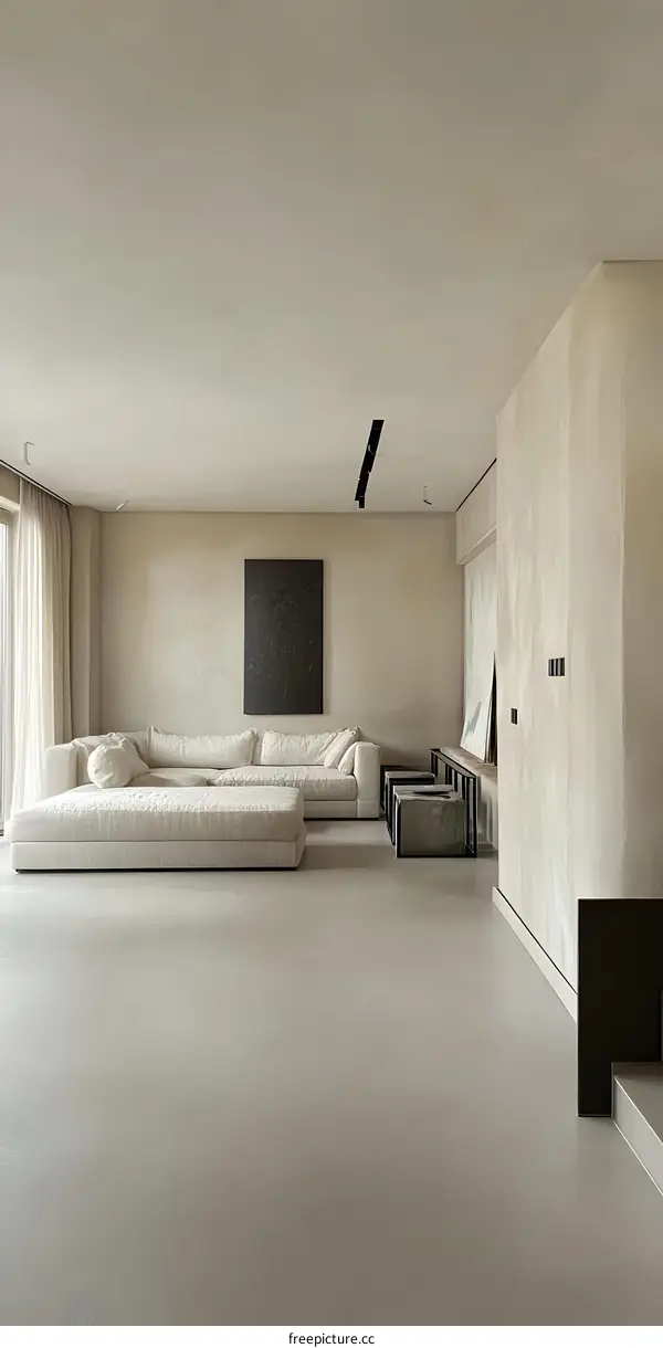 Minimalist Living Room Interior Design With Beige Walls and White Sofa
