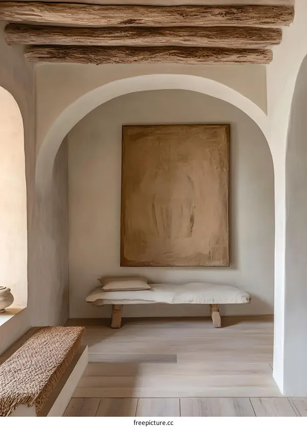 Minimalist Interior Design with Wooden Beam Ceiling and Abstract Art