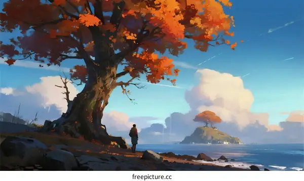 A lone person standing under a large autumn tree by the sea