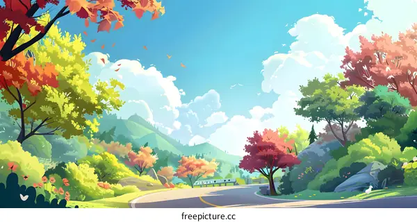 Beautiful  Autumn Road Landscape Illustration