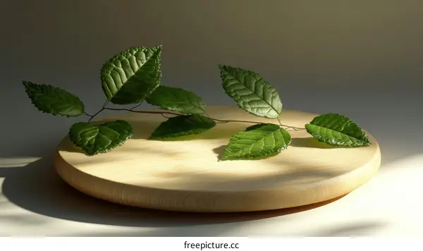 Nature Branch with Fresh Green Leaves on Wooden Board