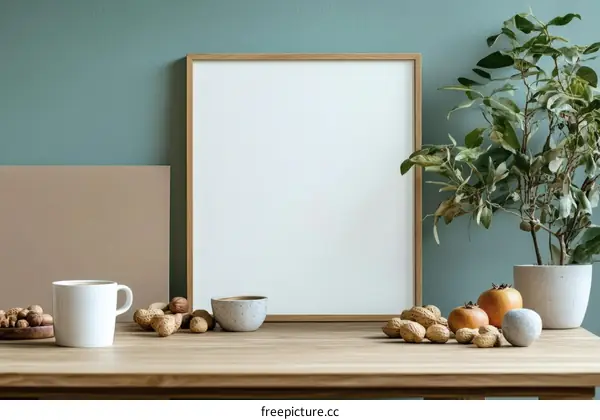 Blank Frame with Plants and Nuts on Wooden Table