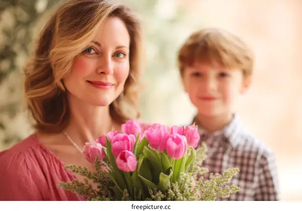 Mother and Son with Pink Tulips Celebration