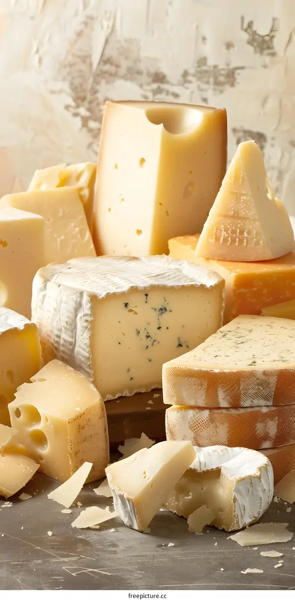 Assortment of Different Types of Cheese on Wooden Background