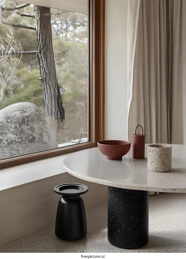 Round Table With Black Pedestal And Brown Bowl