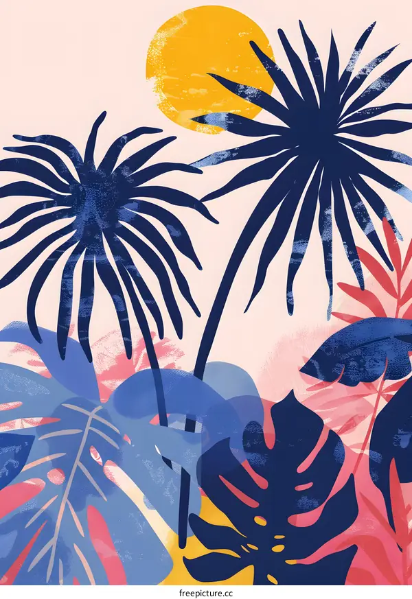 Tropical Leaves and Sun Illustration