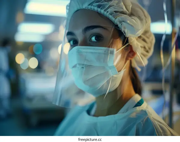 Portrait of a young female doctor wearing a surgical mask and face shield in a hospital.