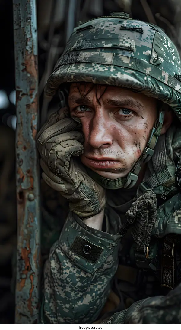 A soldier wearing a helmet looks sad and tired.