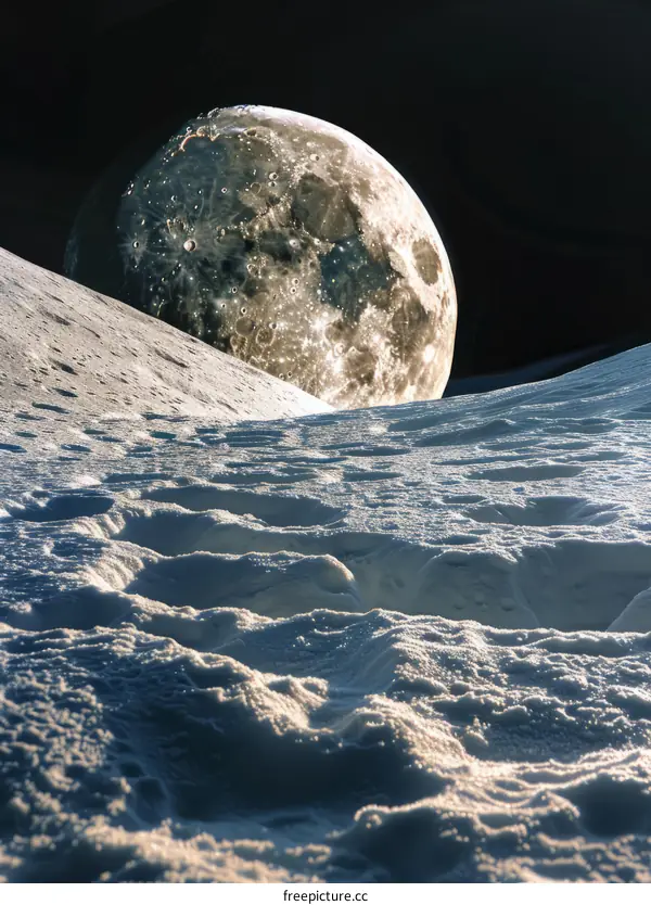 The full moon rises over the snow-capped mountains