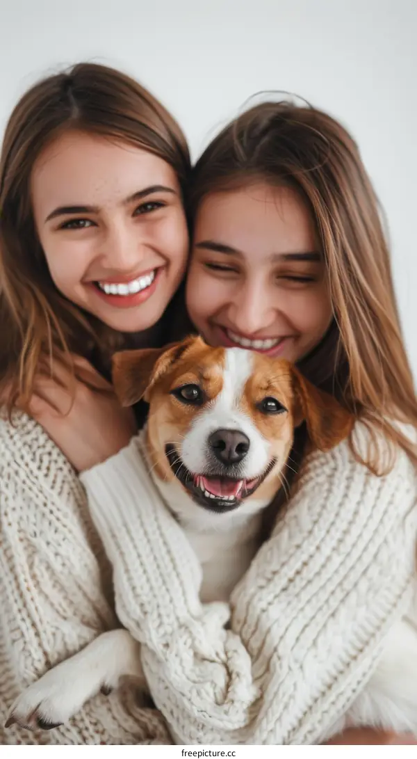 Two young women in white sweaters hugging a small brown dog