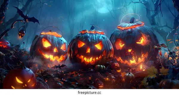 Spooky Halloween pumpkins in a dark forest