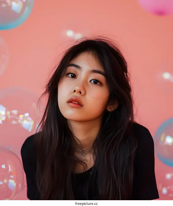 Portrait of Young Asian Woman with Bubbles