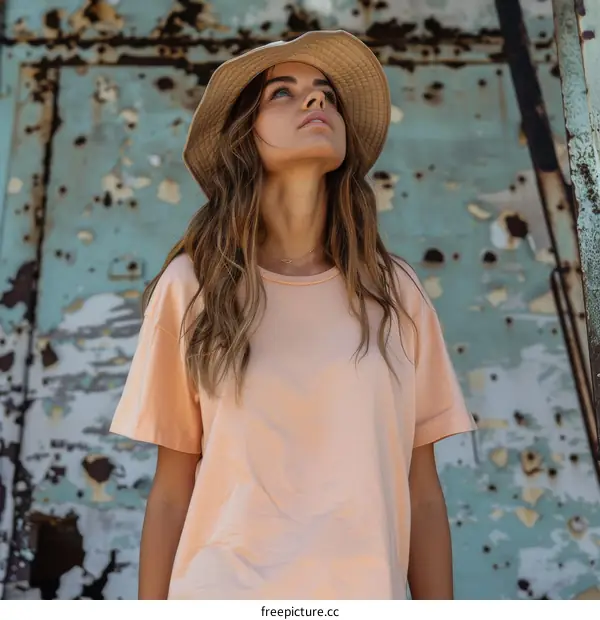 Woman in Peach Tee Outdoor Fashion Portrait