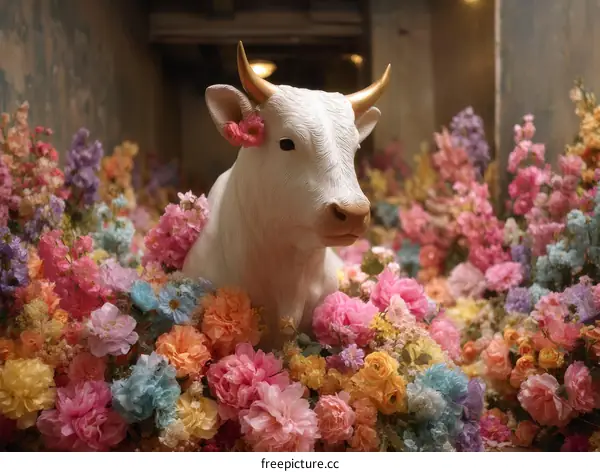 Floral Arrangement with Decorative White Cow Sculpture
