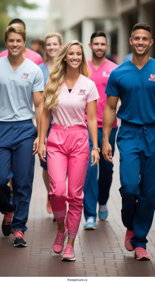 Group of healthcare professionals wearing pink and blue scrubs