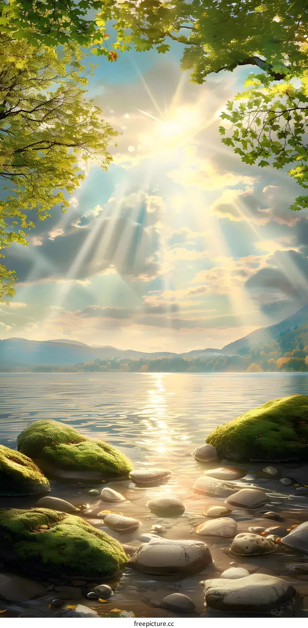 Lake Landscape with Sunbeams and Green Trees