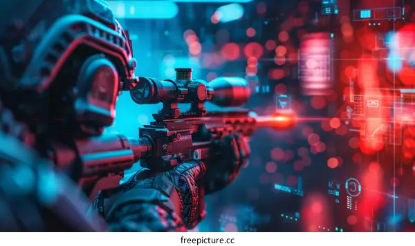 A soldier aiming a rifle with a laser sight in a dark room