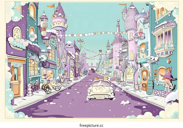 Snowy Winter Day in a Cartoon Town