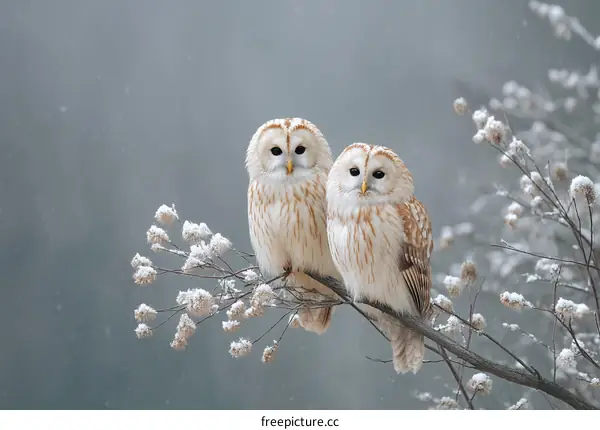 Two Snowy Owls on a Winter Branch