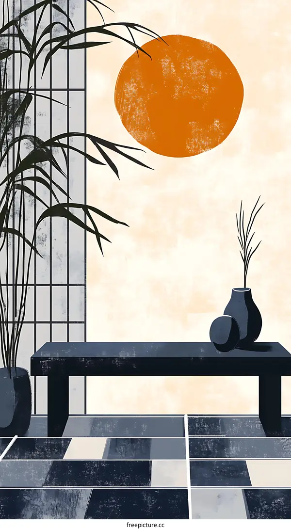 Minimalist Illustration of a Sun, Bench, and Plants