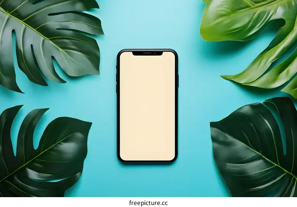 Tropical Phone Mockup with Green Leaves