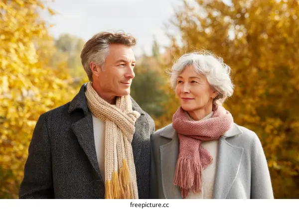 Autumn Couple Walking in Park