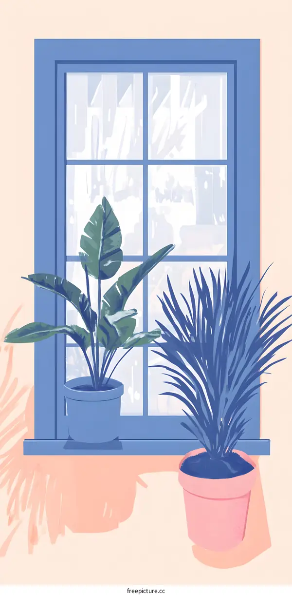 Windowsill with Blue Window and Two Potted Plants