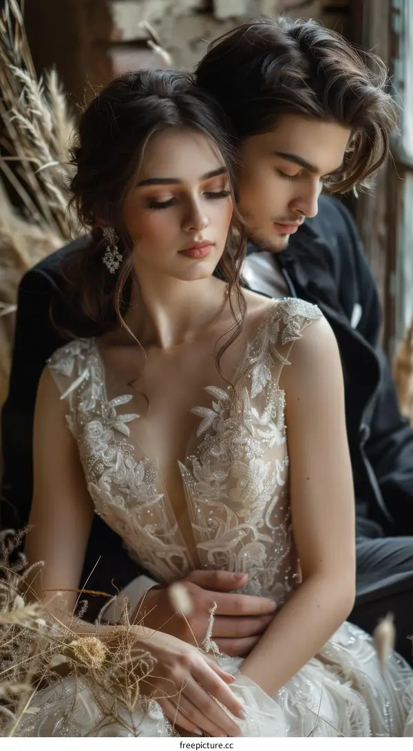 Young couple in love sitting on hay bales in barn