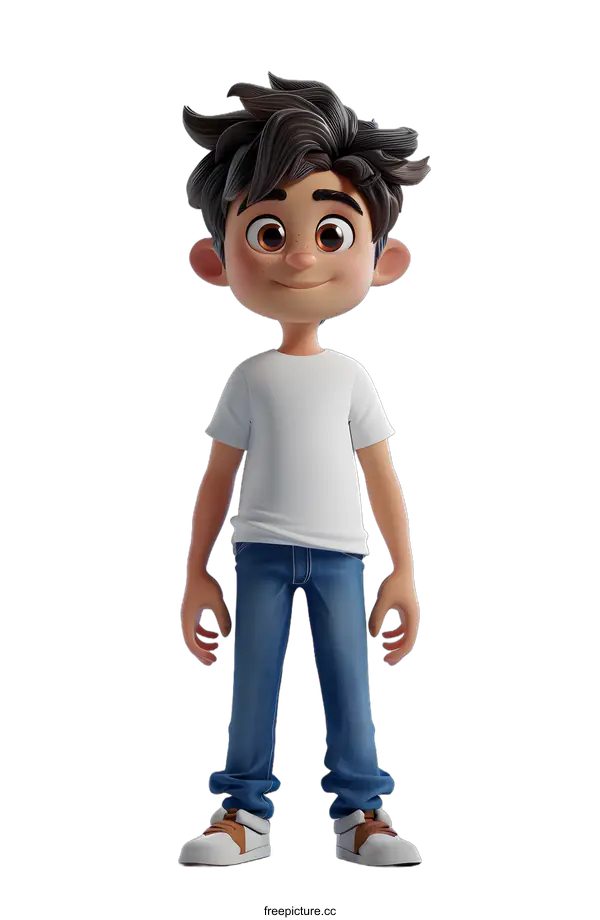 [Transparent Background PNG]3D Cartoon Boy with White Shirt and Jeans