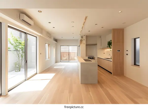 Modern Minimalist Kitchen Interior Design with Concrete Countertop and Wooden Flooring