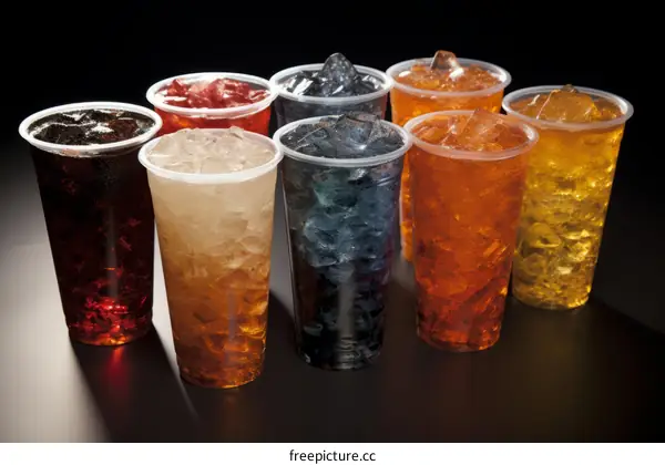 A variety of carbonated drinks poured into plastic cups with ice