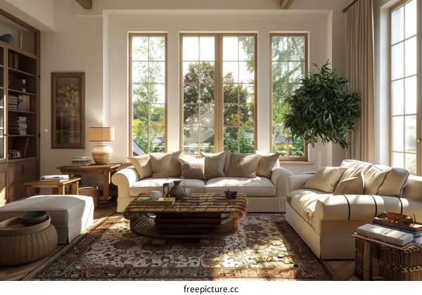 Well-lit Living Room with Large Windows and Comfy Sofas