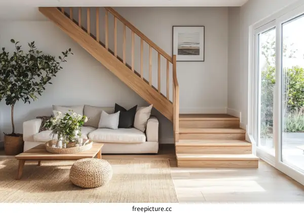 Modern Minimalist Living Room with Wooden Staircase