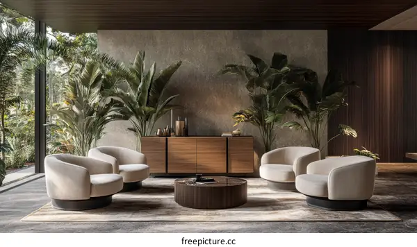 Modern Tropical Living Room with Swivel Armchairs
