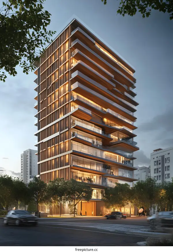 Modern Wood Clad High Rise Building With Glass Balconies