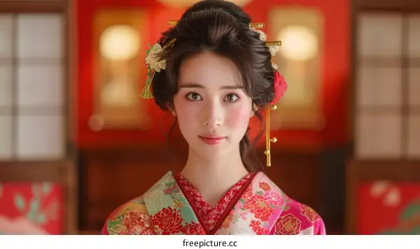 Portrait of a beautiful Japanese woman in traditional kimono