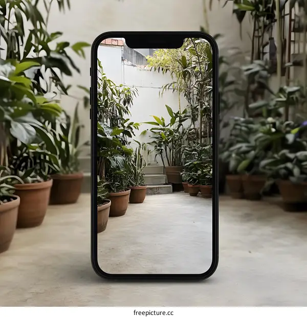 Smartphone Screen Displaying a Green Courtyard with Potted Plants