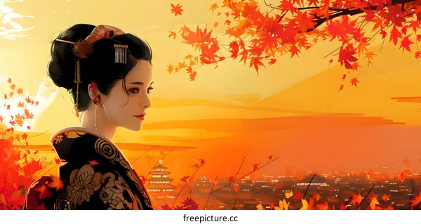 An illustration of a beautiful Japanese woman in a kimono standing in a field of red maple leaves with a traditional Japanese house in the background