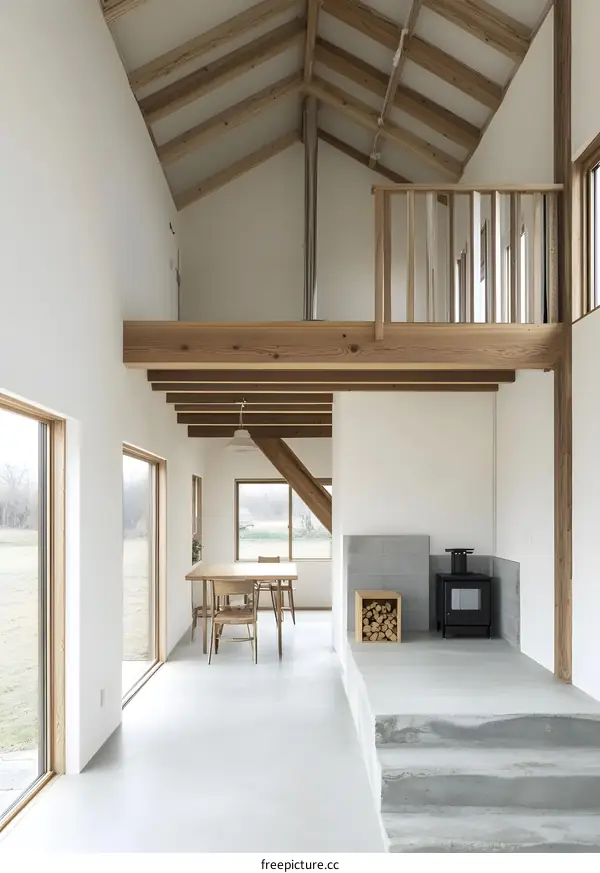 Modern Home Interior Design with Wooden Beams and Concrete Floor