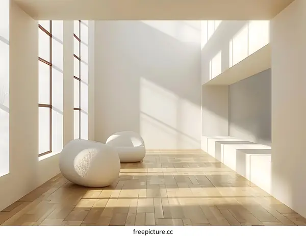 Minimalist Modern Interior Design With White Sofas And Wooden Floor