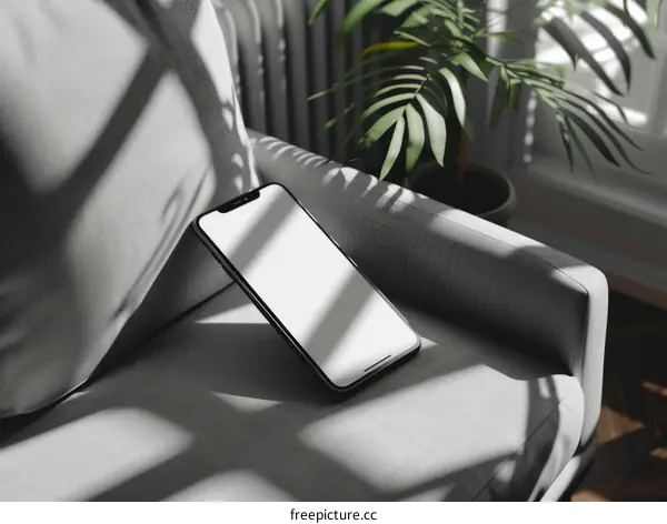 A smartphone on a couch near a plant