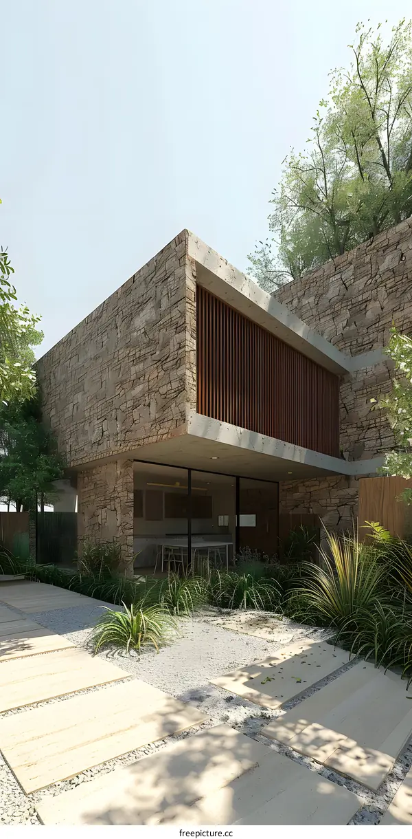 Modern Stone House with Wooden Accents and Lush Greenery