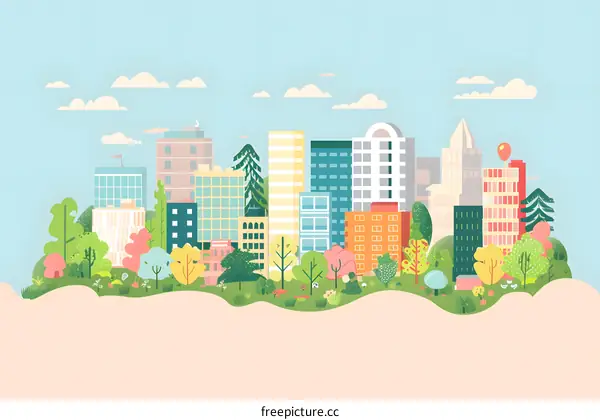 Colorful Cityscape Illustration with Buildings and Trees