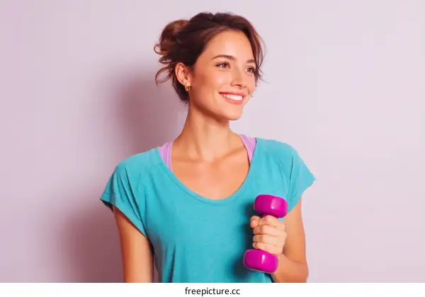 Smiling Woman Exercising with Dumbbells in Teal Sportswear