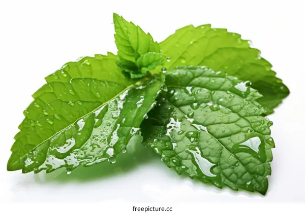 Fresh green mint leaves closeup with water drops