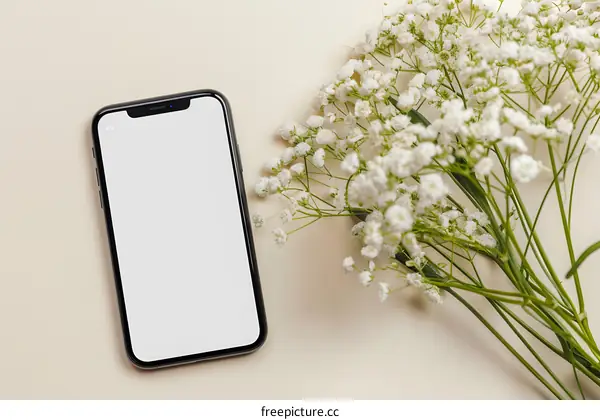 White Flowers and Smartphone on a Beige Background
