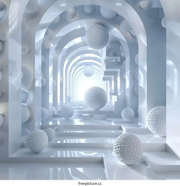Futuristic White Hallway with Arches and Glowing Spheres