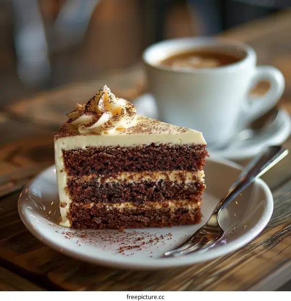 A decadent chocolate cake with white icing and a cup of coffee